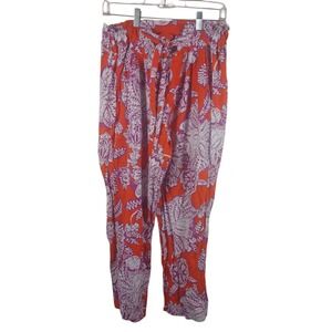 Calligraphy Linen Pink Floral Paperbag Pull On Beachy Boho Lounge Pants Medium